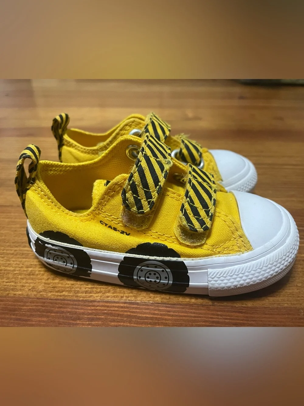 Converse Toddler Yellow Construction Truck Sneakers with Black Striped Velcro 5
